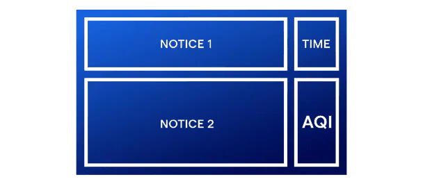 Digital notice board displaying multiple sections of categorized content in an office hallway