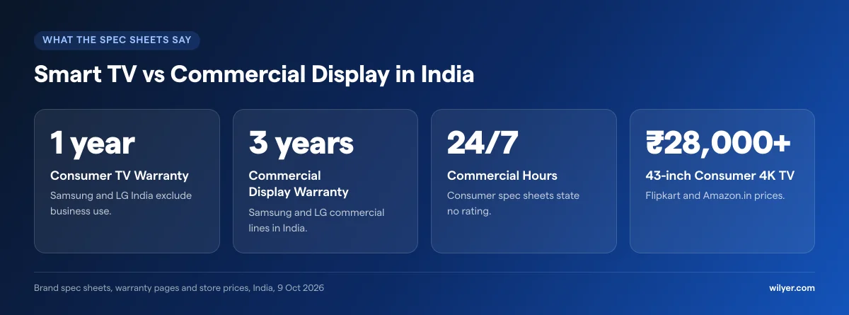 Smart TV vs commercial display in India: consumer TV warranty 1 year with business use excluded by Samsung and LG India, commercial display warranty 3 years, commercial displays rated for 24/7 while consumer spec sheets state no rating, and 43-inch consumer 4K TVs from about Rs 28,000.