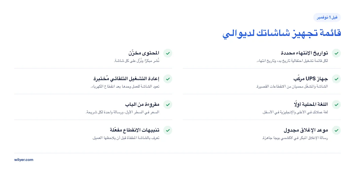 قائمة تجهيز شاشات ديوالي قبل 1 نوفمبر: تواريخ انتهاء لكل قائمة تشغيل احتفالية، ومحتوى منشور مبكرًا ومخزّن على كل شاشة، وجهاز UPS مركّب، وإعادة تشغيل تلقائي مُختبرة، واللغة المحلية أولًا، وأسعار مقروءة من الباب، ورسالة إغلاق لاكشمي بوجا مجدولة، وتنبيهات الانقطاع مفعّلة.