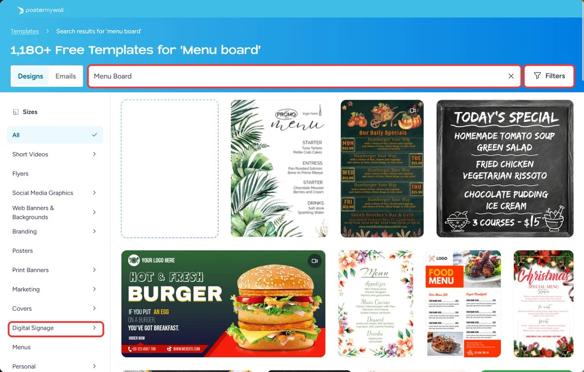 The Wilyer design editor showing menu board templates, with the search box, Filters and the Digital Signage size highlighted