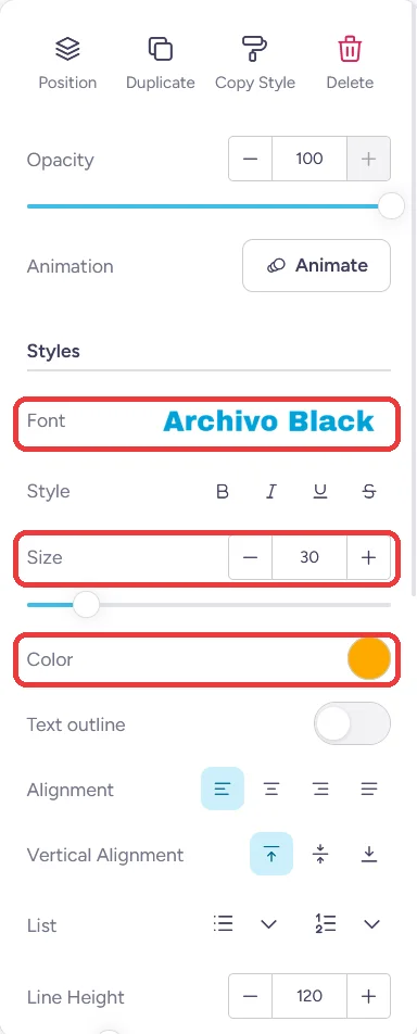 The design editor text panel with the Font, Size and Color settings highlighted