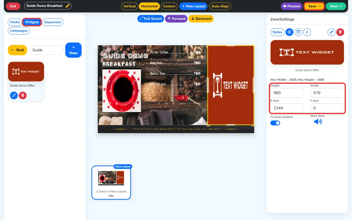 The Wilyer layout editor with a breakfast menu zone, a text widget zone for the offer and a ticker, with the zone size fields highlighted