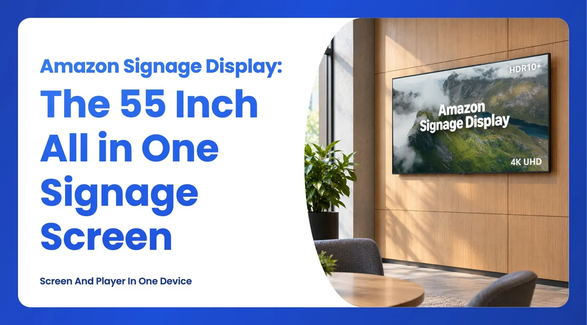 The Amazon Signage Display wall mounted in a meeting room, a 55 inch 4K screen with the media player built in
