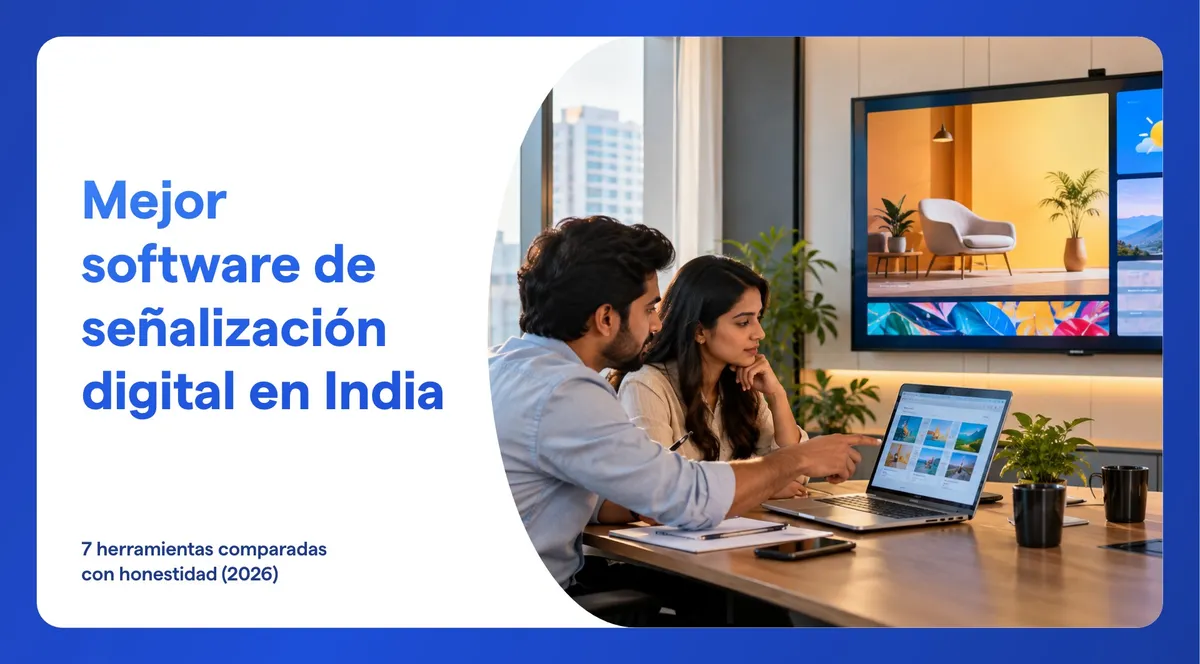 Dos colegas en una oficina de India comparan software de señalización digital en una laptop, con una pantalla de señalización digital en la pared detrás de ellos