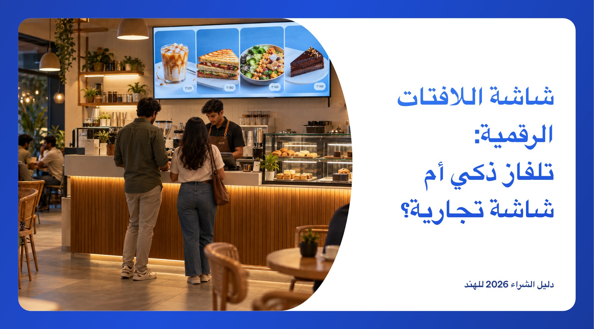 منضدة مقهى في الهند عليها شاشة لافتات رقمية مثبتة على الجدار تعرض قائمة طعام بأسعار بالروبية