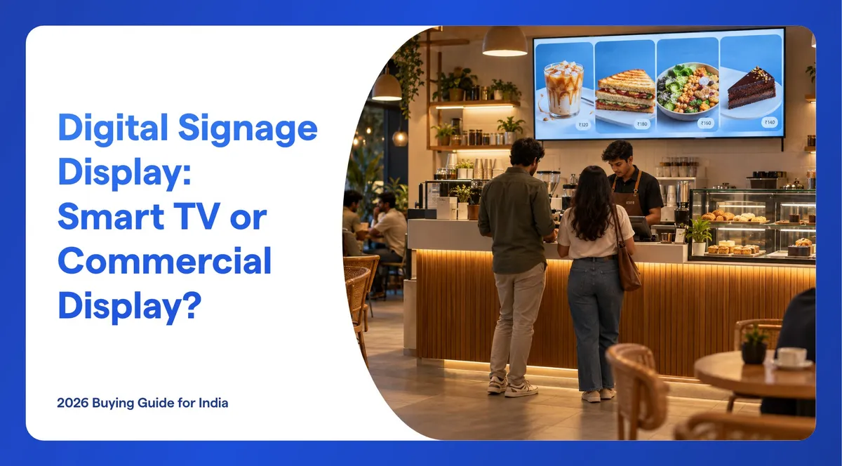 An Indian café counter with a wall-mounted digital signage display showing a menu with prices in rupees