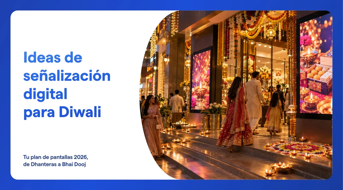 Una calle comercial de India al anochecer durante Diwali, con diyas en los escalones, guirnaldas de cempasúchil, un rangoli y dos pantallas de señalización digital que muestran dulces y diyas