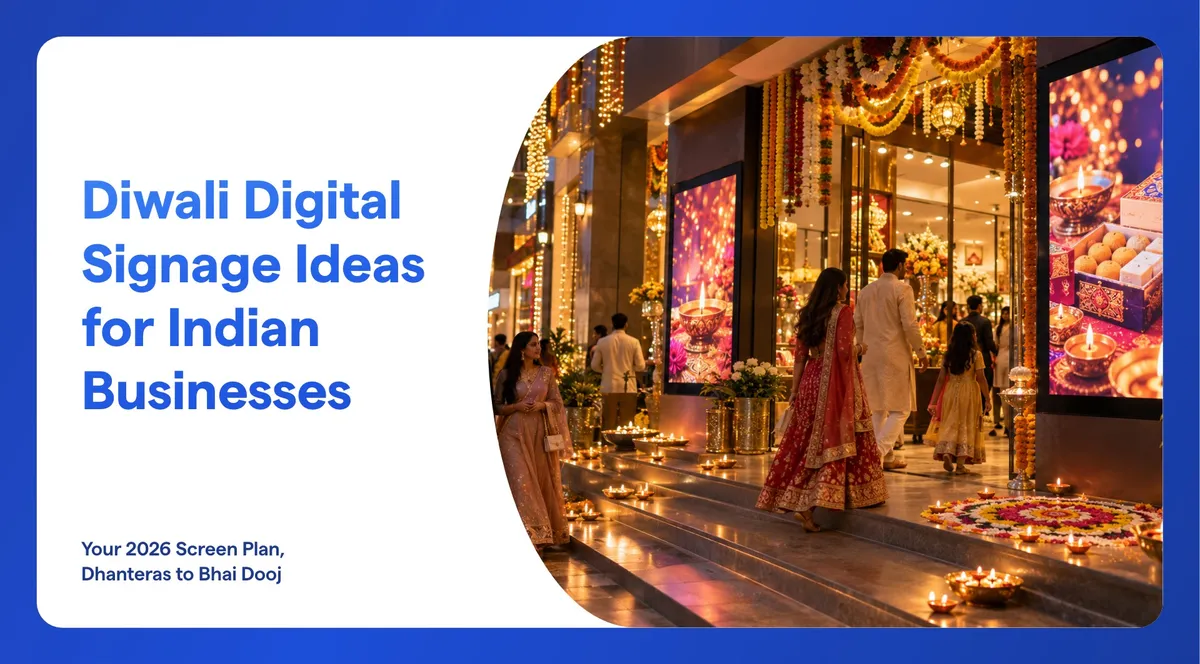 An Indian shopping street at dusk during Diwali, with diyas on the steps, marigold garlands, a rangoli and two digital signage screens showing sweets and diyas