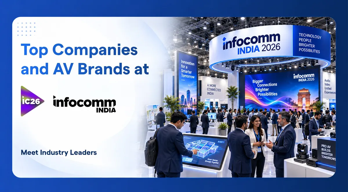 Un stand de expositor de InfoComm India 2026 bajo un banner circular del evento, con una gran pared LED, una pantalla táctil y equipos AV en exhibición