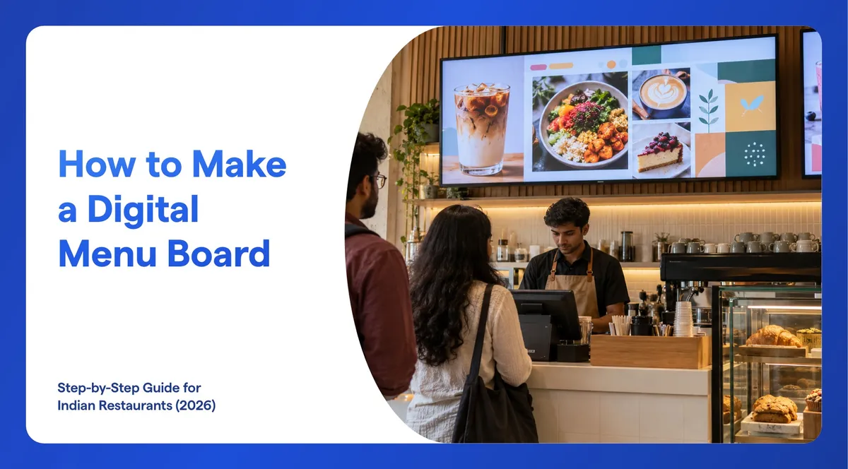 A digital menu board on a TV above the counter of an Indian café