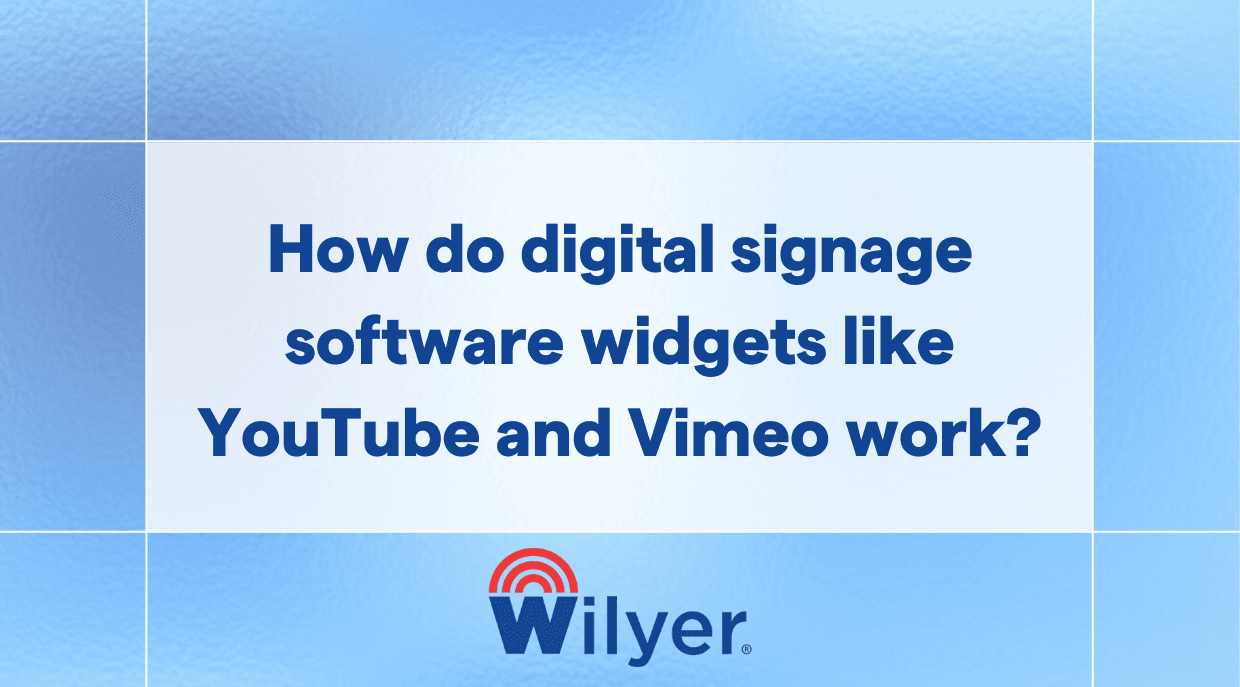 How do digital signage software widgets like YouTube and Vimeo work?