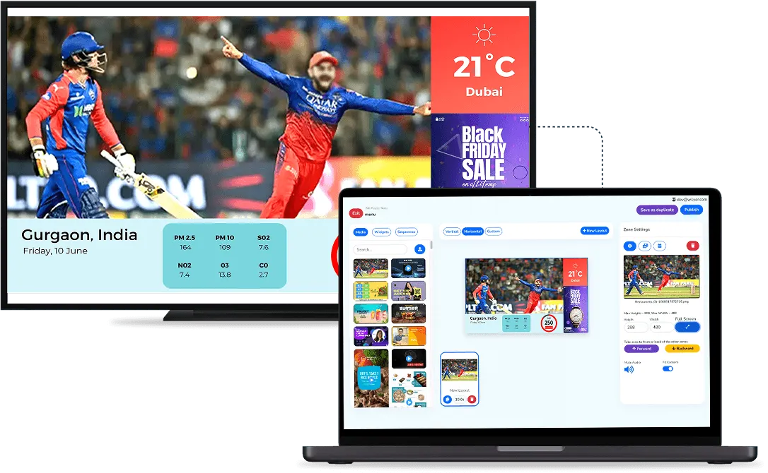 Wilyer playing scheduled content across a TV and laptop with live widgets