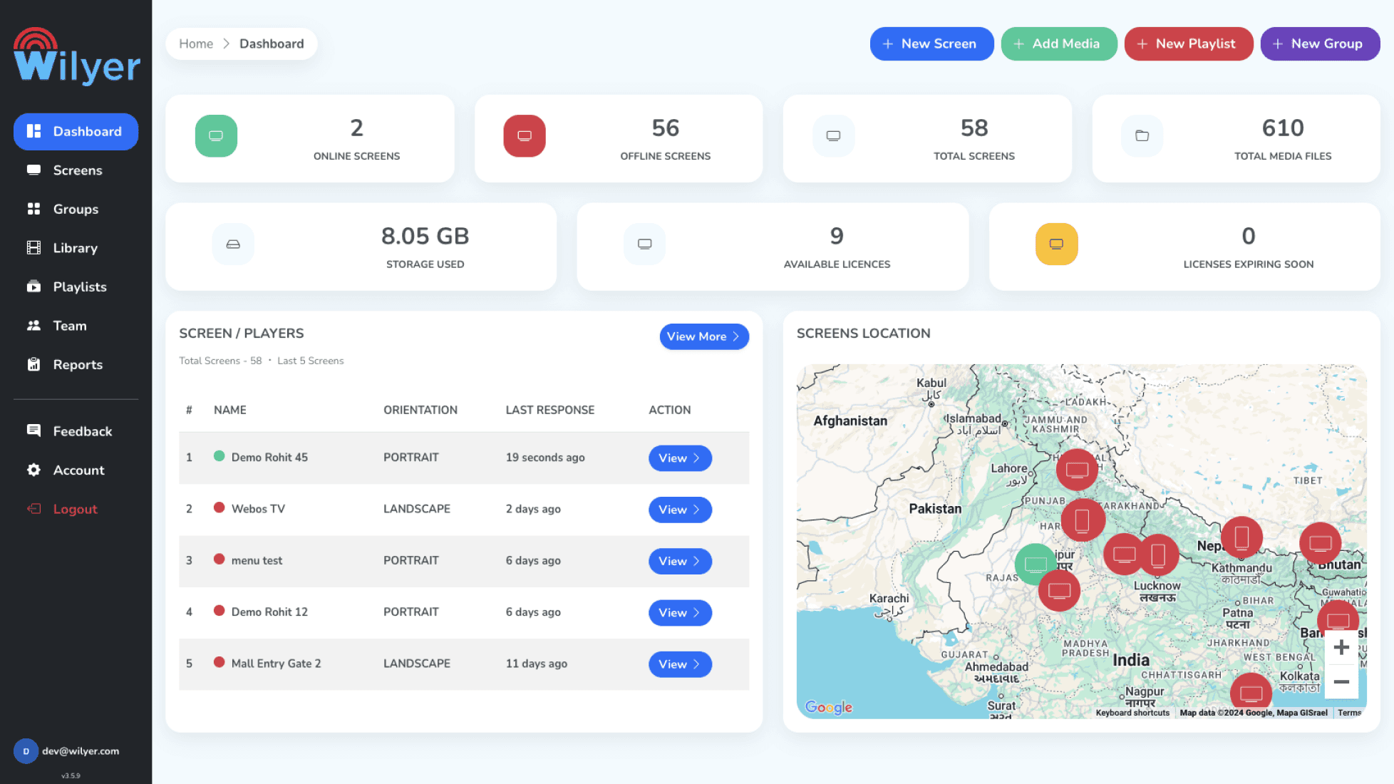 Wilyer dashboard - screen fleet overview, storage, licences and screen locations map