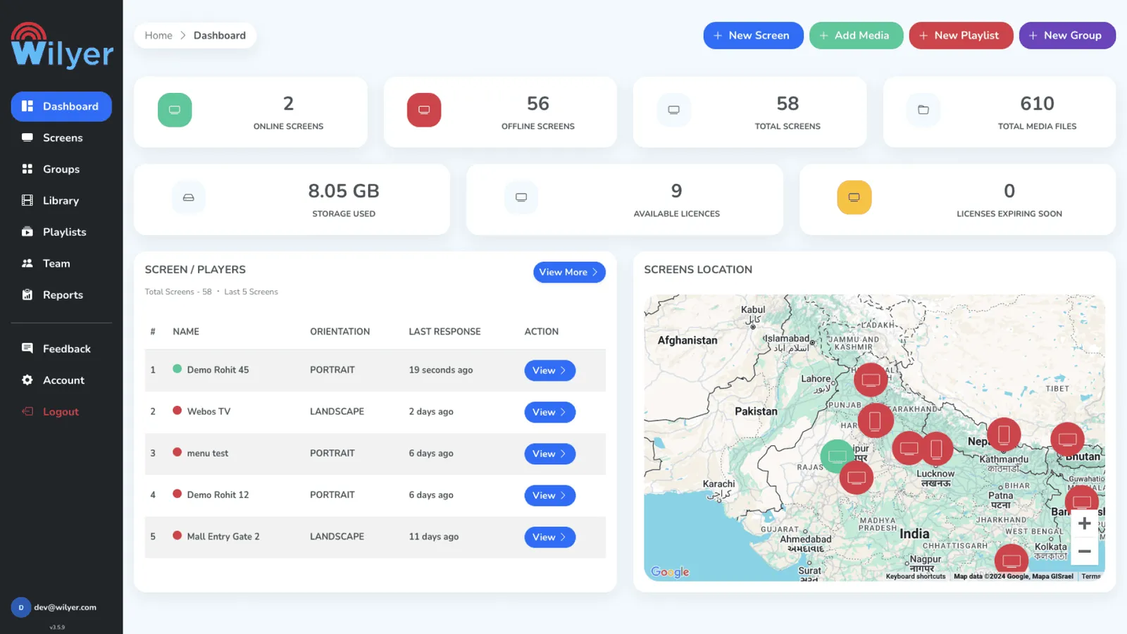 Wilyer dashboard - screen fleet overview, storage, licences and screen locations map