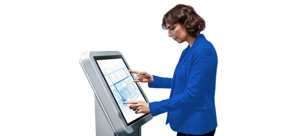 Lobby touchscreen assisting with check-in and guest wayfinding
