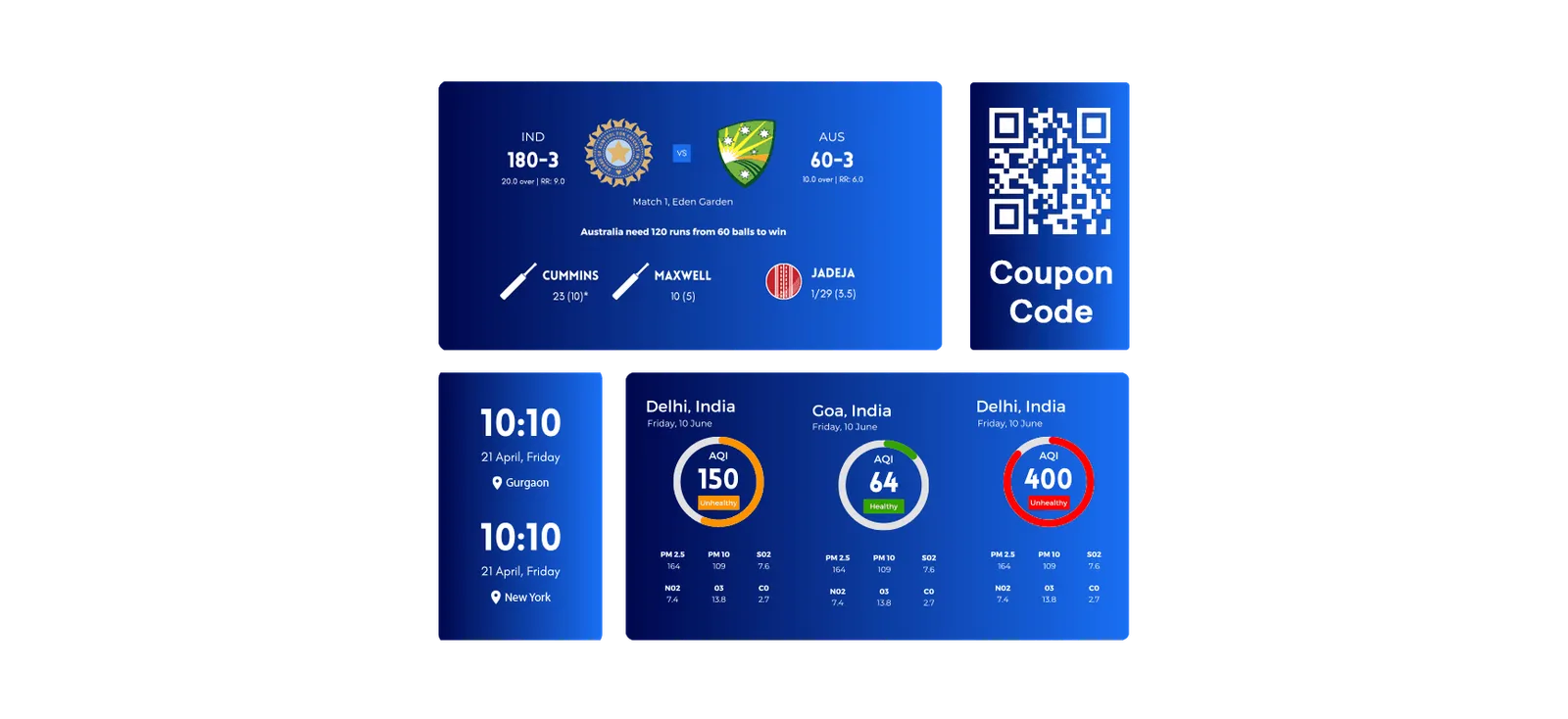 Pantalla digital mostrando widgets de clima y tráfico en tiempo real.
