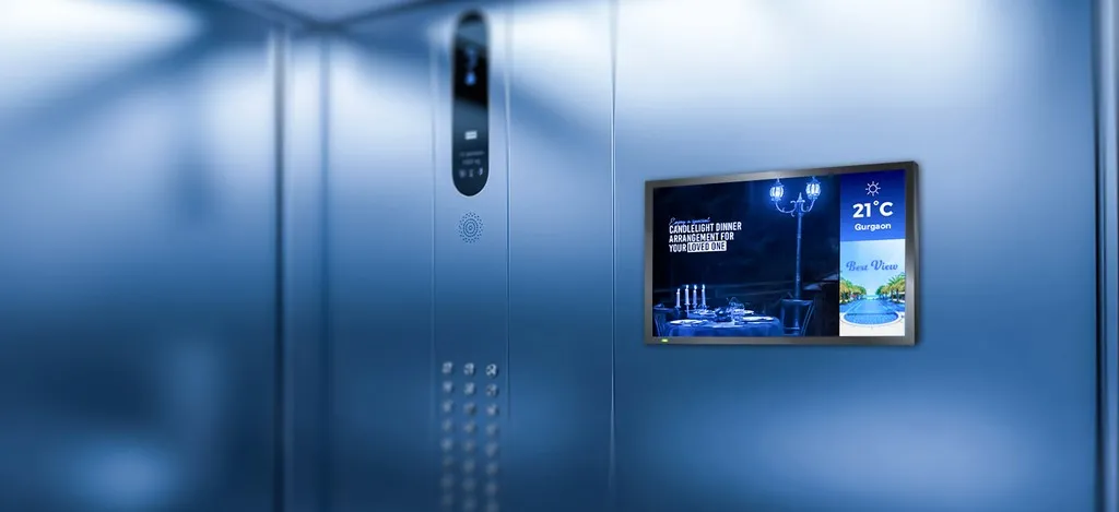 Elevator screen displaying hotel events, promos, and weather info
