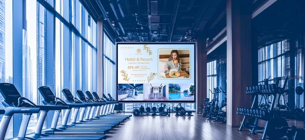 Digital screen showing live event schedules and room info