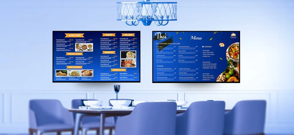 Digital menu board showing specials and live promotions in hotel restaurant