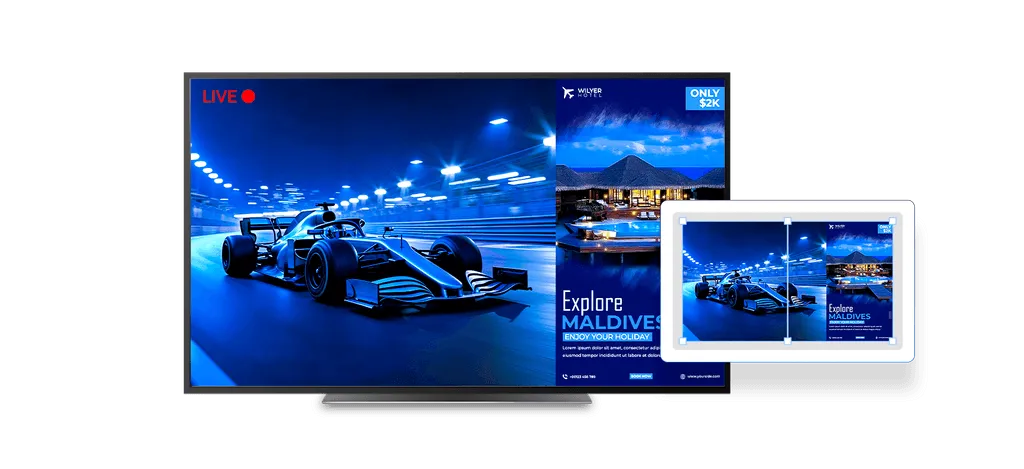 Split screen showing sports on one side and hotel ads on the other