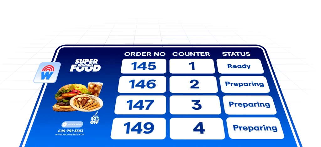Order confirmation screen showing real-time updates in a restaurant or drive-thru.
