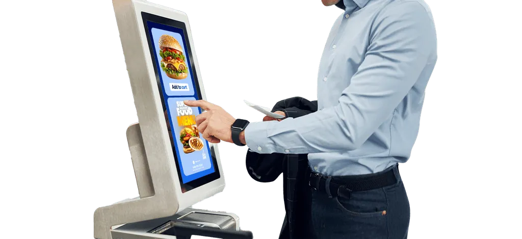 Self-service kiosk for restaurant order placement, reducing queues and enhancing speed.