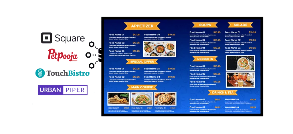 Digital signage integrated with POS showing live order and pricing updates.