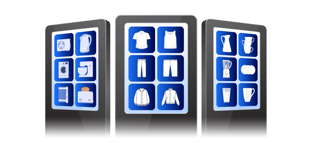 Interactive retail screen showing product catalog and comparisons