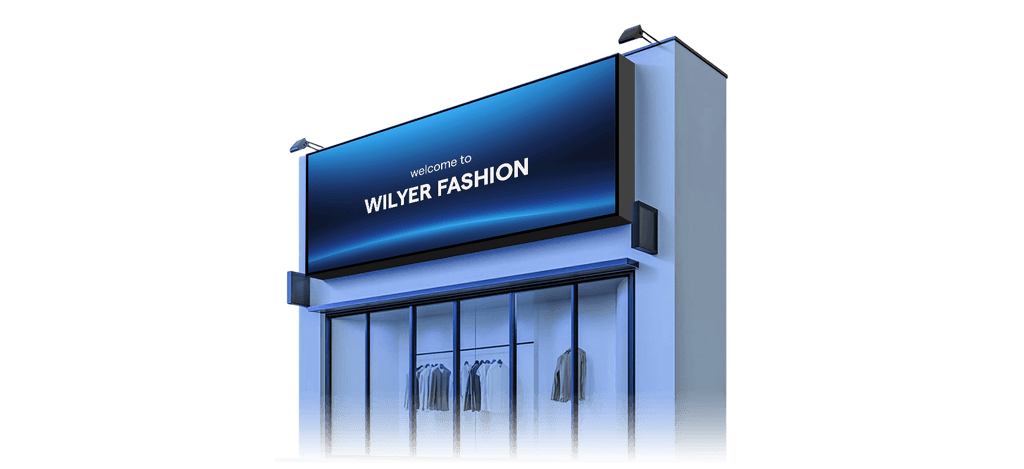 Entrance screen greeting customers with personalized messages