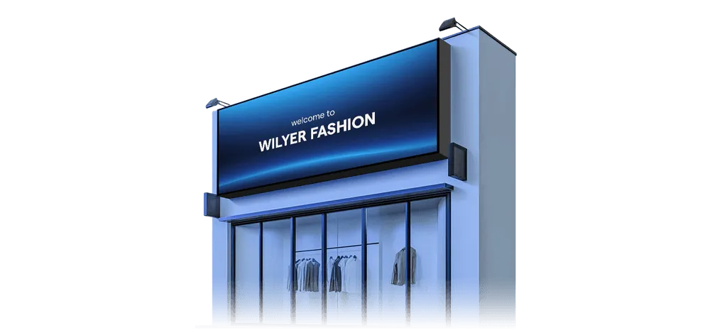 Entrance screen greeting customers with personalized messages