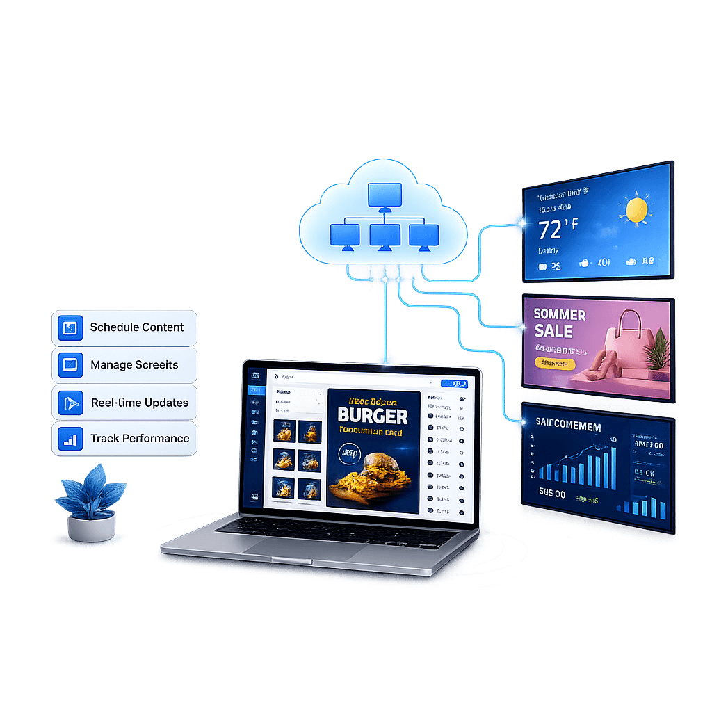 برنامج لافتات رقمية يدير شاشات الأعمال من لوحة واحدة