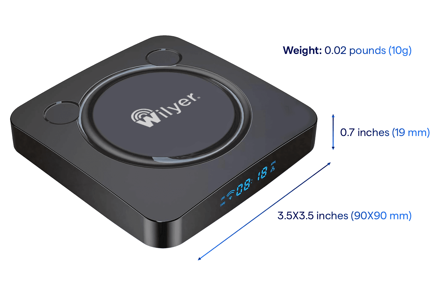 WillBox dimensions: 3.5×3.5 inches (90×90 mm), 0.7 inches (19 mm) thick, 0.02 pounds (10g)