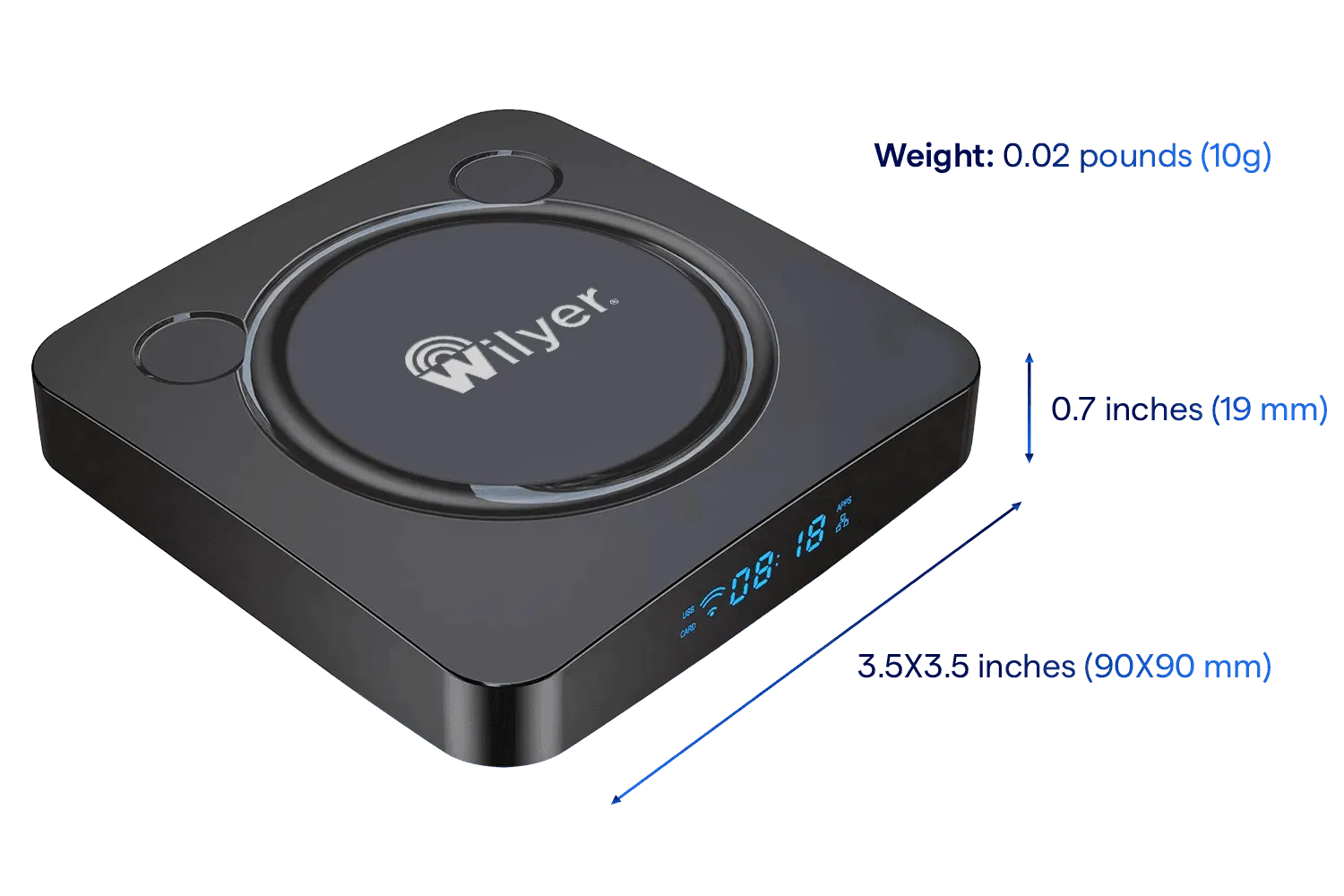 WillBox dimensions: 3.5×3.5 inches (90×90 mm), 0.7 inches (19 mm) thick, 0.02 pounds (10g)