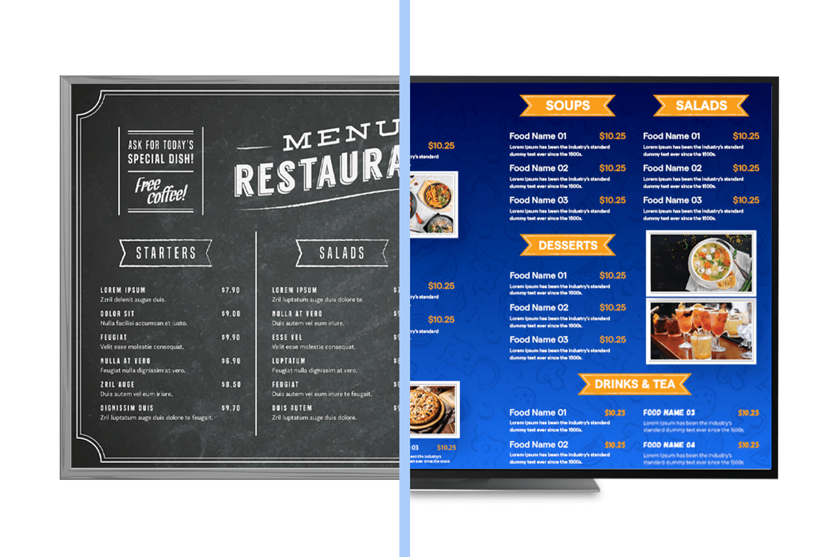 Software de menú digital en un restaurante mostrando contenido en tiempo real